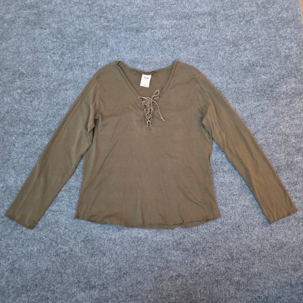 Vintage Earthy Olive Green Lace Up V-Neck Top By Faded Glory Size XL